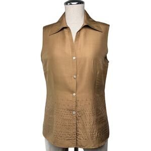 Robbie Bee Beaded Silk Sleeveless Blouse Tan Vintage 90s Minimalist Size 6